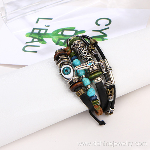 Turquoise Beads Leather Bracelet With Evil Eye Bead Bracelet